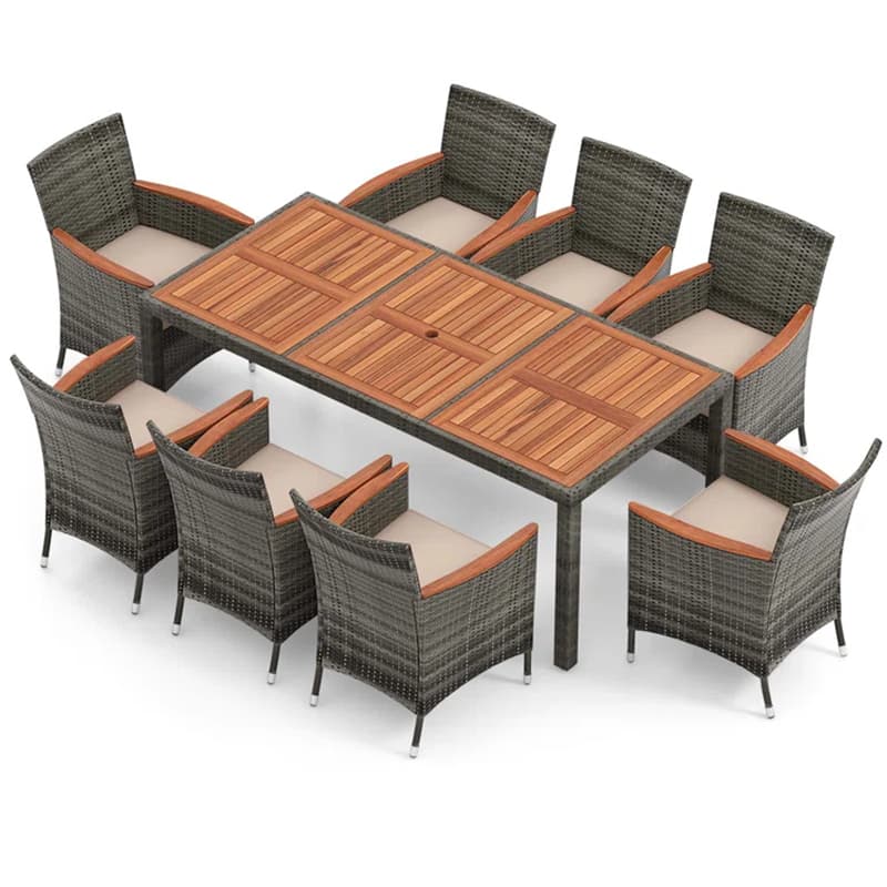 9 Piece Patio Rattan Dining Set with 8 Cushioned Armchairs, Acacia Wood Top Table & Umbrella Hole, Outdoor Dining Furniture for Poolside, Backyard