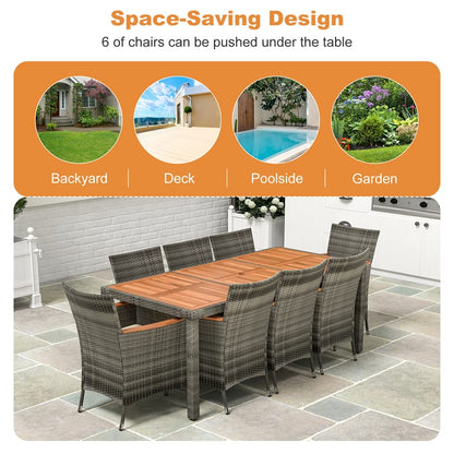 9 Piece Patio Rattan Dining Set with 8 Cushioned Armchairs, Acacia Wood Top Table & Umbrella Hole, Outdoor Dining Furniture for Poolside, Backyard