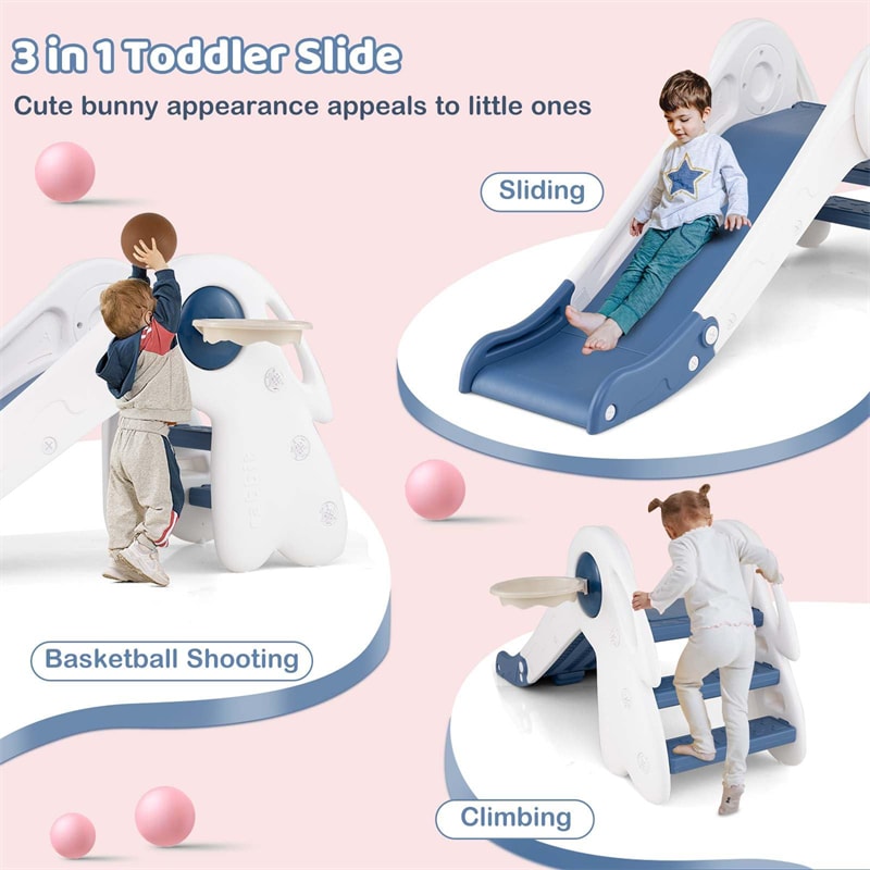 3 in 1 Toddler Slide Set, Baby Foldable Slide Climber Playset with Basketball Hoop and Basketball