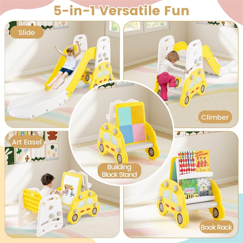 5-in-1 Toddler Slide & Climber Set, Convertible Kids Art Easel with Stool, Book Rack & Building Block Board, Foldable Indoor Activity Center