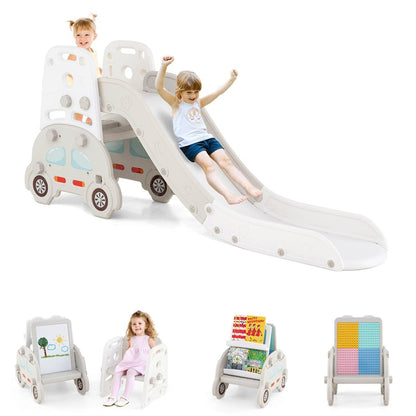5-in-1 Toddler Slide & Climber Set, Convertible Kids Art Easel with Stool, Book Rack & Building Block Board, Foldable Indoor Activity Center