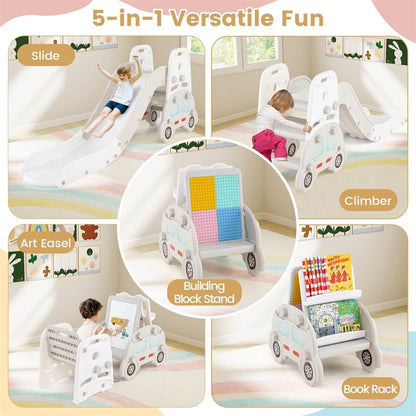 5-in-1 Toddler Slide & Climber Set, Convertible Kids Art Easel with Stool, Book Rack & Building Block Board, Foldable Indoor Activity Center