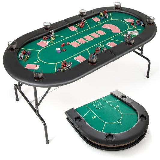 8 Player Foldable Poker Table, 72" Oval Texas Hold'em Card Game Table with Casino-Grade Felt & 8 Cup Holders for Home Casino Blackjack