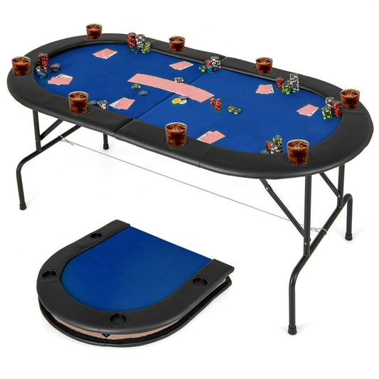 8 Player Foldable Poker Table, Oval Texas Hold'em Card Game Table with Cup Holders, Padded Armrests & Casino-Grade Felt for Home Party