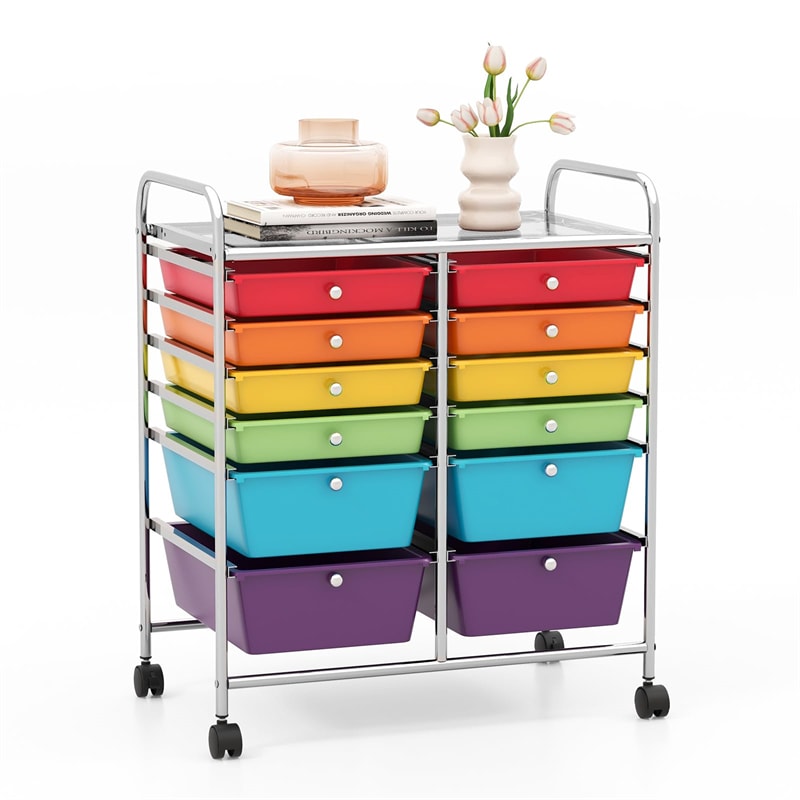 12 Drawer Rolling Storage Trolley, Multi-Purpose Scrapbook Paper Organizer with Wheels for Home Office, School & Art Craft