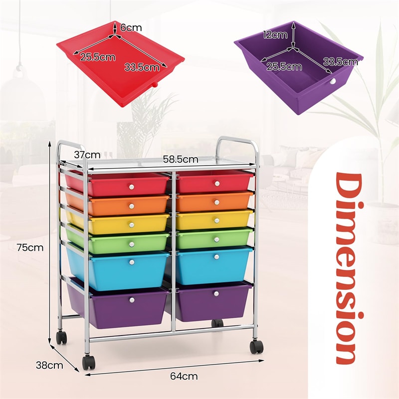 12 Drawer Rolling Storage Trolley, Multi-Purpose Scrapbook Paper Organizer with Wheels for Home Office, School & Art Craft