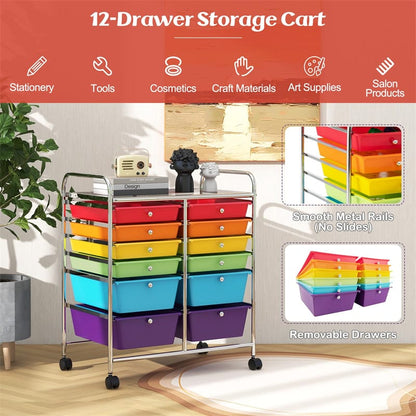 12 Drawer Rolling Storage Trolley, Multi-Purpose Scrapbook Paper Organizer with Wheels for Home Office, School & Art Craft