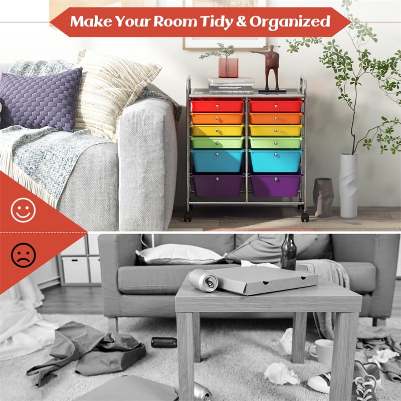 12 Drawer Rolling Storage Trolley, Multi-Purpose Scrapbook Paper Organizer with Wheels for Home Office, School & Art Craft