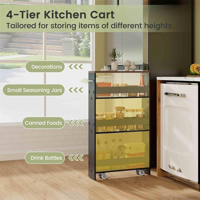 4-Tier Slim Rolling Storage Cart for Narrow Space, Slide Out Utility Trolley Shelving Unit Organizer for Kitchen, Laundry, Living Room