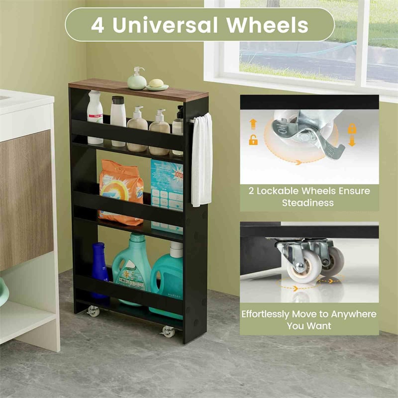 4-Tier Slim Rolling Storage Cart for Narrow Space, Slide Out Utility Trolley Shelving Unit Organizer for Kitchen, Laundry, Living Room
