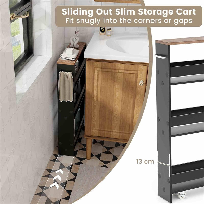 4-Tier Slim Rolling Storage Cart for Narrow Space, Slide Out Utility Trolley Shelving Unit Organizer for Kitchen, Laundry, Living Room