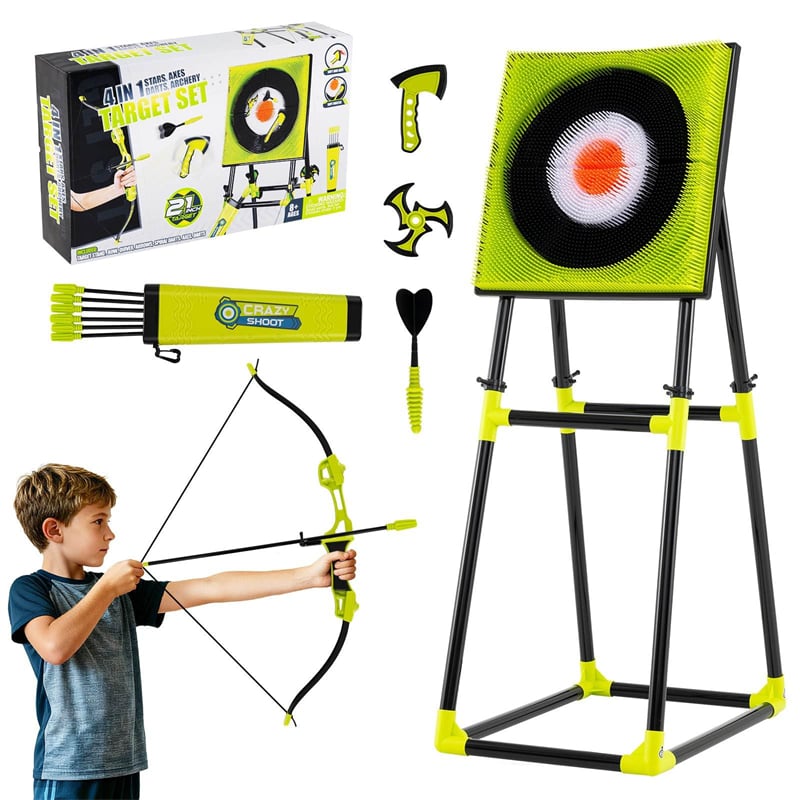 4-in-1 Kids Throwing Target Set with Dartboard, Throwing Axes, Ninja Darts & Bow/Arrows for Indoor Outdoor Carnival Game & Birthday Gifts