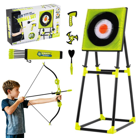 4-in-1 Kids Throwing Target Set with Dartboard, Throwing Axes, Ninja Darts & Bow/Arrows for Indoor Outdoor Carnival Game & Birthday Gifts
