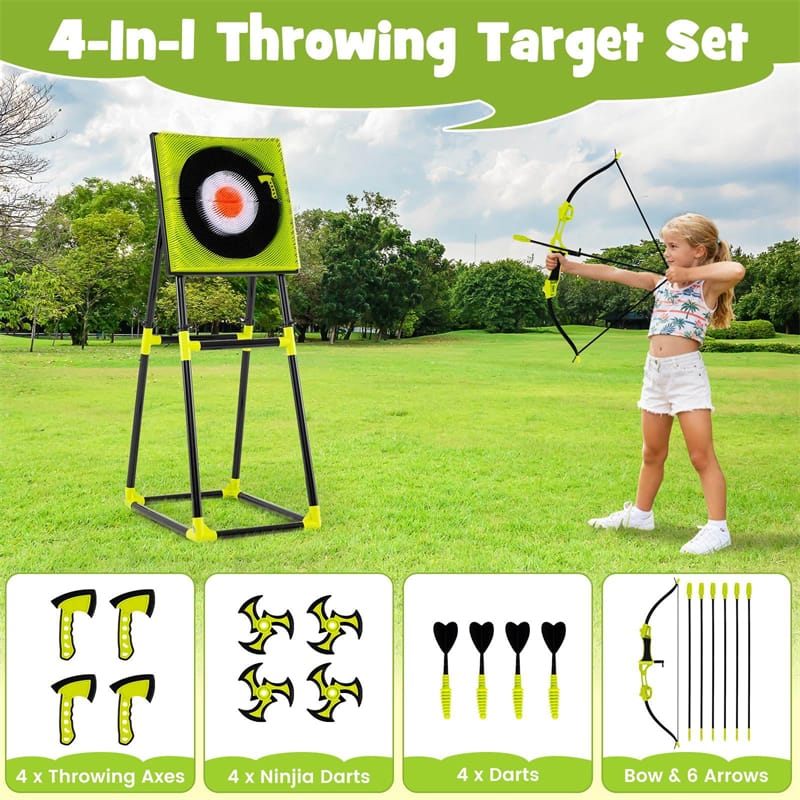 4-in-1 Kids Throwing Target Set with Dartboard, Throwing Axes, Ninja Darts & Bow/Arrows for Indoor Outdoor Carnival Game & Birthday Gifts