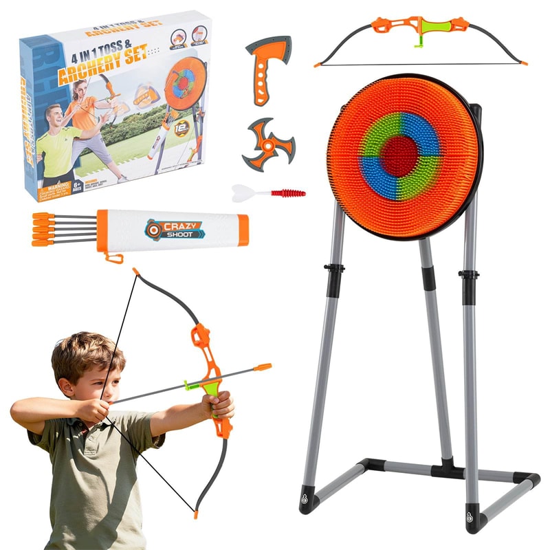 4-in-1 Kids Throwing Target Set with Dartboard, Throwing Axes, Ninja Darts & Bow/Arrows for Indoor Outdoor Carnival Game & Birthday Gifts