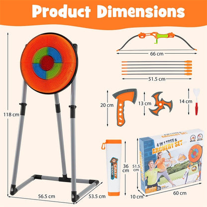4-in-1 Kids Throwing Target Set with Dartboard, Throwing Axes, Ninja Darts & Bow/Arrows for Indoor Outdoor Carnival Game & Birthday Gifts
