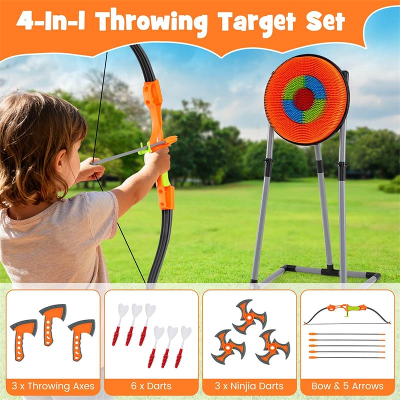 4-in-1 Kids Throwing Target Set with Dartboard, Throwing Axes, Ninja Darts & Bow/Arrows for Indoor Outdoor Carnival Game & Birthday Gifts