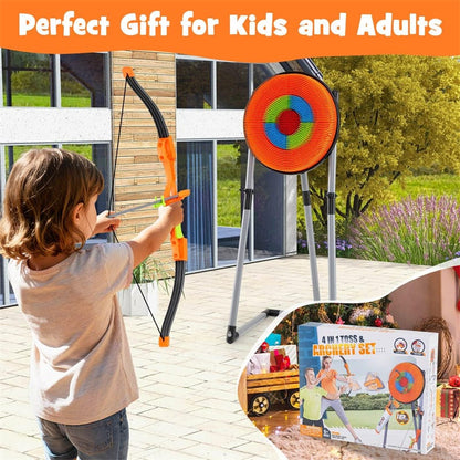 4-in-1 Kids Throwing Target Set with Dartboard, Throwing Axes, Ninja Darts & Bow/Arrows for Indoor Outdoor Carnival Game & Birthday Gifts