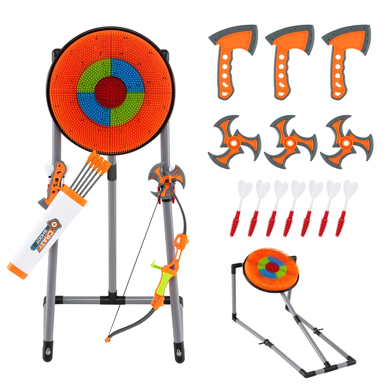 4-in-1 Kids Throwing Target Set with Dartboard, Throwing Axes, Ninja Darts & Bow/Arrows for Indoor Outdoor Carnival Game & Birthday Gifts