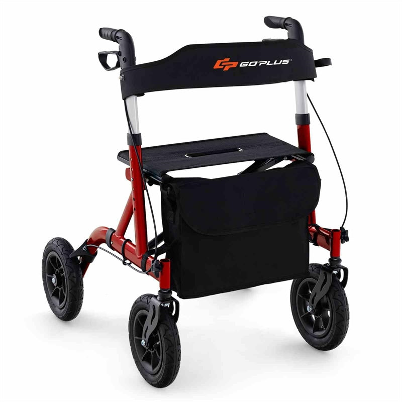 Foldable Rollator Walker with Seat & 9.5" All-Terrain Pneumatic Wheels, 350lbs Heavy Duty Height Adjustable Bariatric Rollator for Seniors/Adults