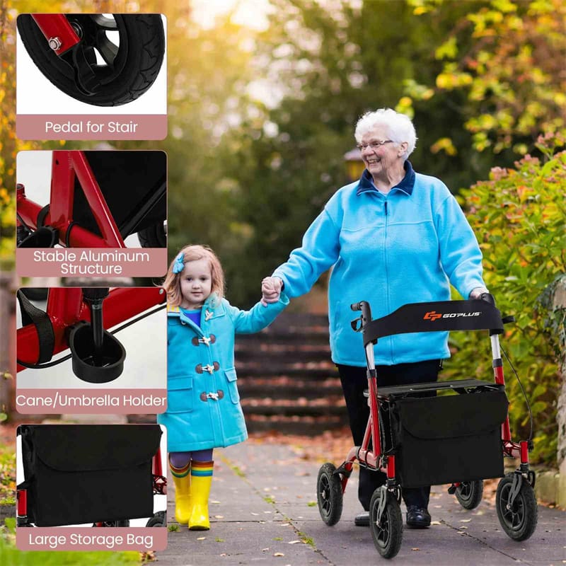 Foldable Rollator Walker with Seat & 9.5" All-Terrain Pneumatic Wheels, 350lbs Heavy Duty Height Adjustable Bariatric Rollator for Seniors/Adults