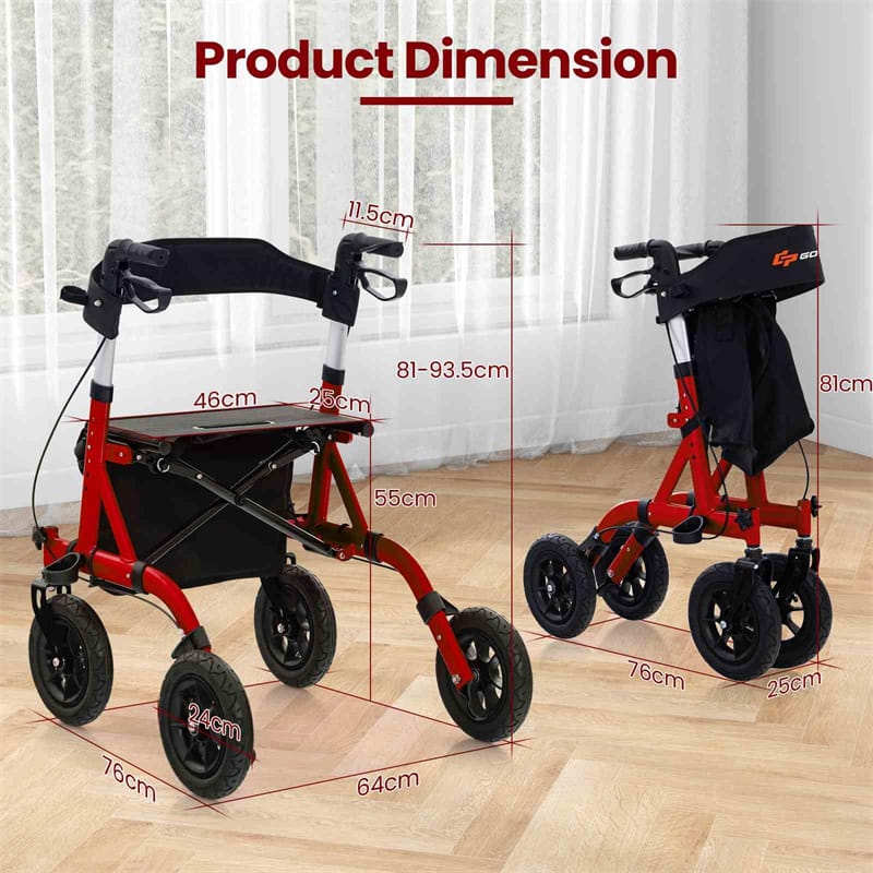 Foldable Rollator Walker with Seat & 9.5" All-Terrain Pneumatic Wheels, 350lbs Heavy Duty Height Adjustable Bariatric Rollator for Seniors/Adults
