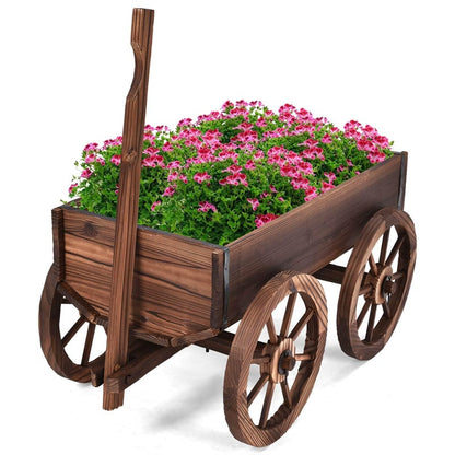 Wooden Wagon Planter with 4 Wheels & Adjustable Handle, Rustic Flower Cart for Patio Garden Decor