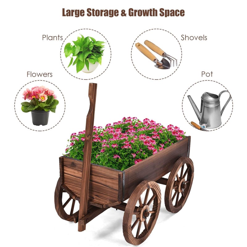 Wooden Wagon Planter with 4 Wheels & Adjustable Handle, Rustic Flower Cart for Patio Garden Decor