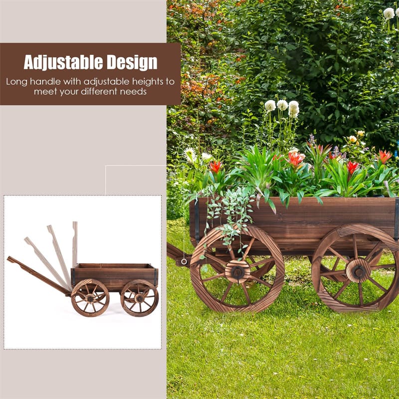 Wooden Wagon Planter with 4 Wheels & Adjustable Handle, Rustic Flower Cart for Patio Garden Decor