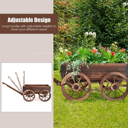 Wooden Wagon Planter with 4 Wheels & Adjustable Handle, Rustic Flower Cart for Patio Garden Decor