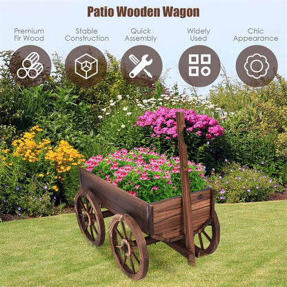 Wooden Wagon Planter with 4 Wheels & Adjustable Handle, Rustic Flower Cart for Patio Garden Decor