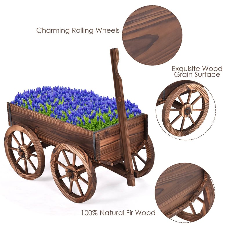 Wooden Wagon Planter with 4 Wheels & Adjustable Handle, Rustic Flower Cart for Patio Garden Decor