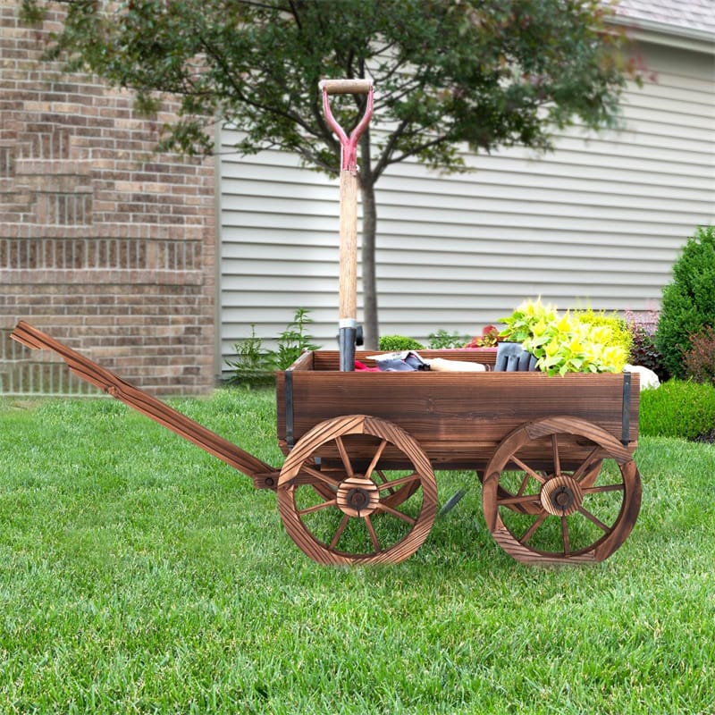 Wooden Wagon Planter with 4 Wheels & Adjustable Handle, Rustic Flower Cart for Patio Garden Decor