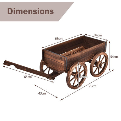 Wooden Wagon Planter with 4 Wheels & Adjustable Handle, Rustic Flower Cart for Patio Garden Decor