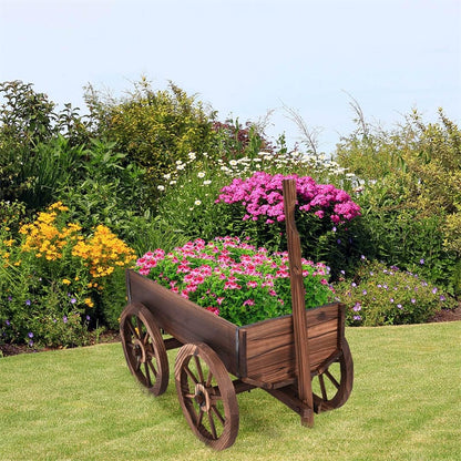 Wooden Wagon Planter with 4 Wheels & Adjustable Handle, Rustic Flower Cart for Patio Garden Decor