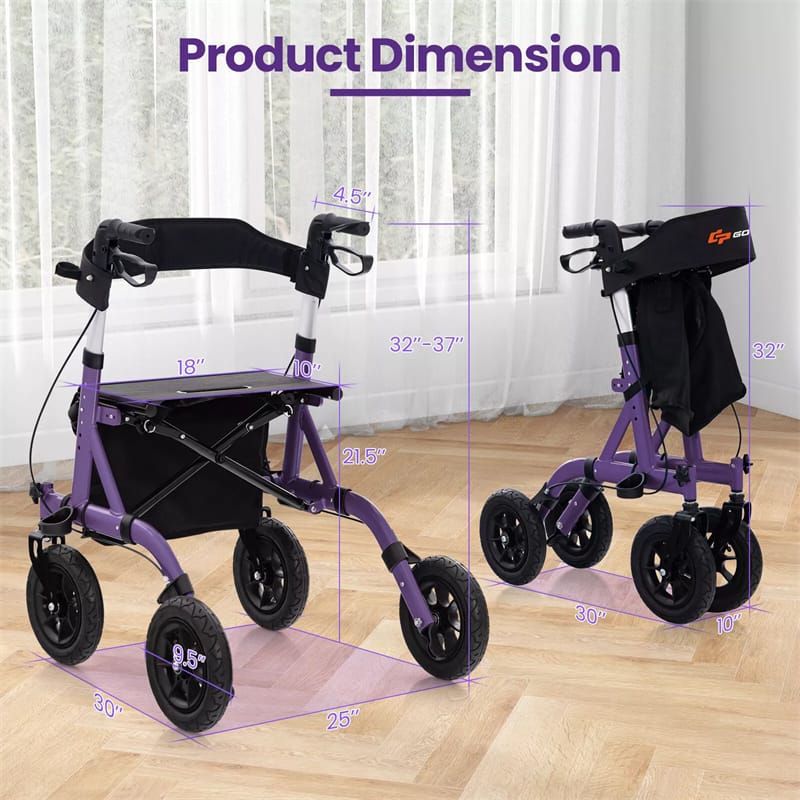 Foldable Rollator Walker with Seat & 9.5" All-Terrain Pneumatic Wheels, 350lbs Heavy Duty Height Adjustable Bariatric Rollator for Seniors/Adults