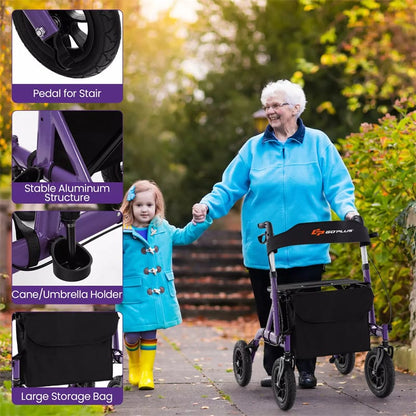 Foldable Rollator Walker with Seat & 9.5" All-Terrain Pneumatic Wheels, 350lbs Heavy Duty Height Adjustable Bariatric Rollator for Seniors/Adults