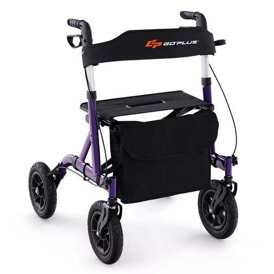 Foldable Rollator Walker with Seat & 9.5" All-Terrain Pneumatic Wheels, 350lbs Heavy Duty Height Adjustable Bariatric Rollator for Seniors/Adults