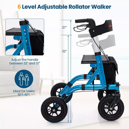 Foldable Rollator Walker with Seat & 9.5" All-Terrain Pneumatic Wheels, 350lbs Heavy Duty Height Adjustable Bariatric Rollator for Seniors/Adults