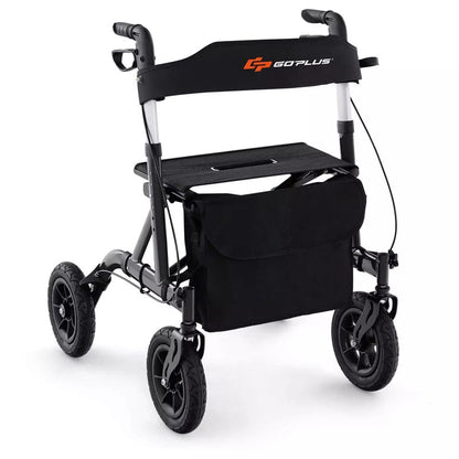 Foldable Rollator Walker with Seat & 9.5" All-Terrain Pneumatic Wheels, 350lbs Heavy Duty Height Adjustable Bariatric Rollator for Seniors/Adults