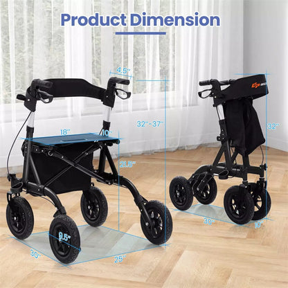 Foldable Rollator Walker with Seat & 9.5" All-Terrain Pneumatic Wheels, 350lbs Heavy Duty Height Adjustable Bariatric Rollator for Seniors/Adults