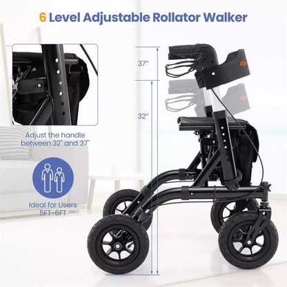 Foldable Rollator Walker with Seat & 9.5" All-Terrain Pneumatic Wheels, 350lbs Heavy Duty Height Adjustable Bariatric Rollator for Seniors/Adults