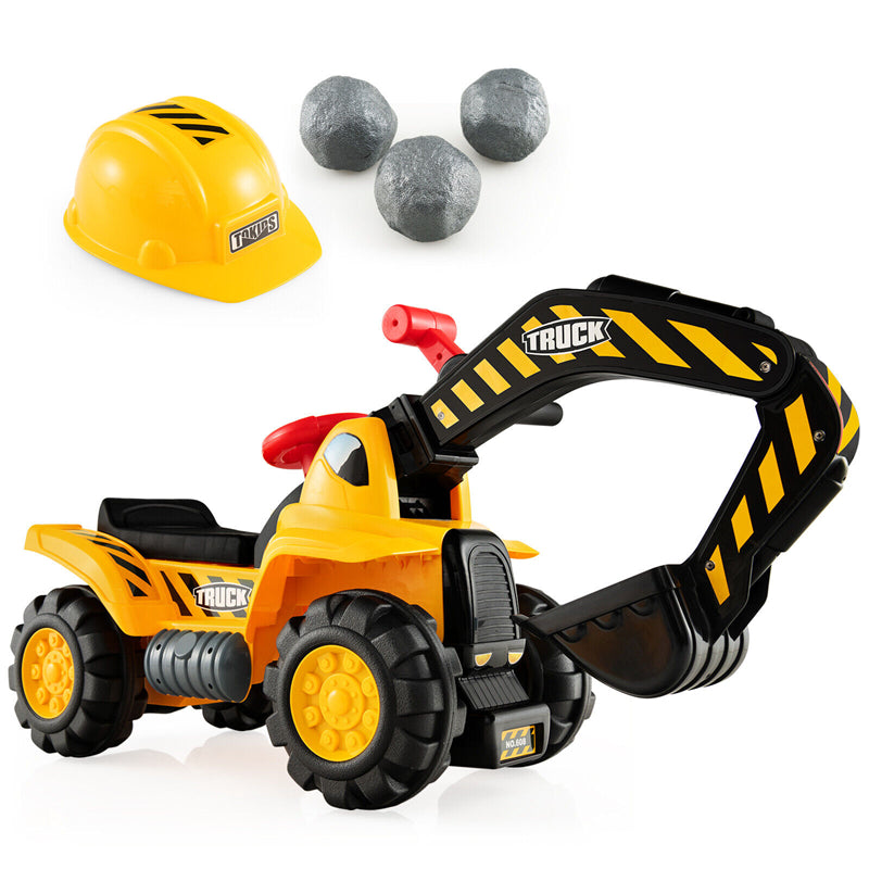 Kids Ride On Excavator Construction Digger Scooper Tractor with Safety Helmet & Underneath Storage
