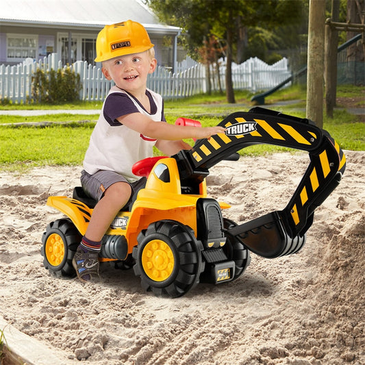 Kids Ride On Excavator Construction Digger Scooper Tractor with Safety Helmet & Underneath Storage