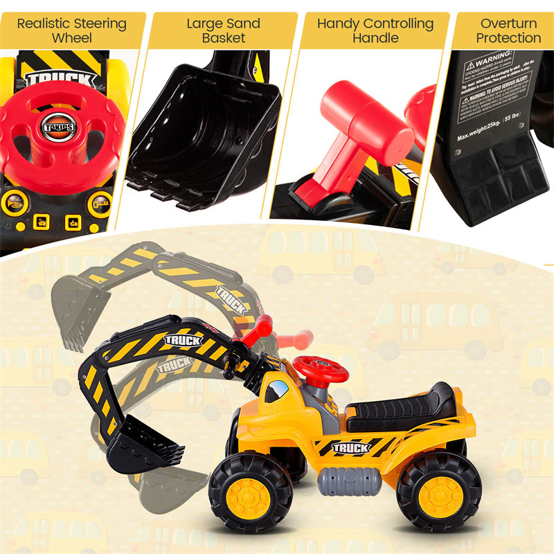 Kids Ride On Excavator Construction Digger Scooper Tractor with Safety Helmet & Underneath Storage