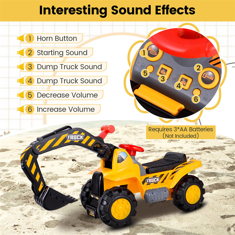 Kids Ride On Excavator Construction Digger Scooper Tractor with Safety Helmet & Underneath Storage