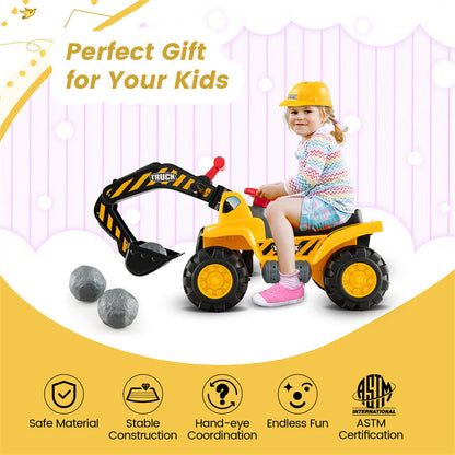 Kids Ride On Excavator Construction Digger Scooper Tractor with Safety Helmet & Underneath Storage