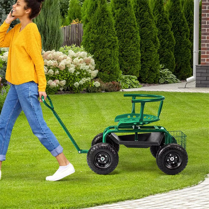 Rolling Garden Cart, Height Adjustable Garden Scooter with 360¡ã Swivel Work Seat, Tool Tray, Storage Basket & Handle for Yard Gardening Work