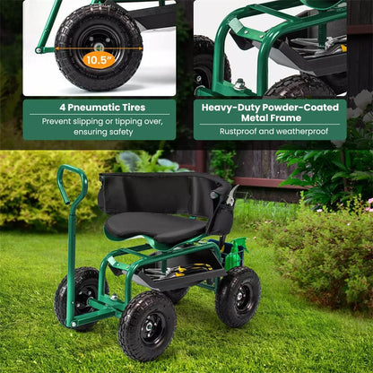 Rolling Garden Cart, Height Adjustable Garden Scooter with 360¡ã Swivel Work Seat, Tool Tray, Storage Basket & Handle for Yard Gardening Work