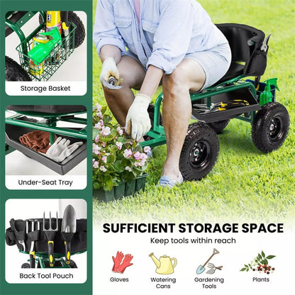 Rolling Garden Cart, Height Adjustable Garden Scooter with 360¡ã Swivel Work Seat, Tool Tray, Storage Basket & Handle for Yard Gardening Work